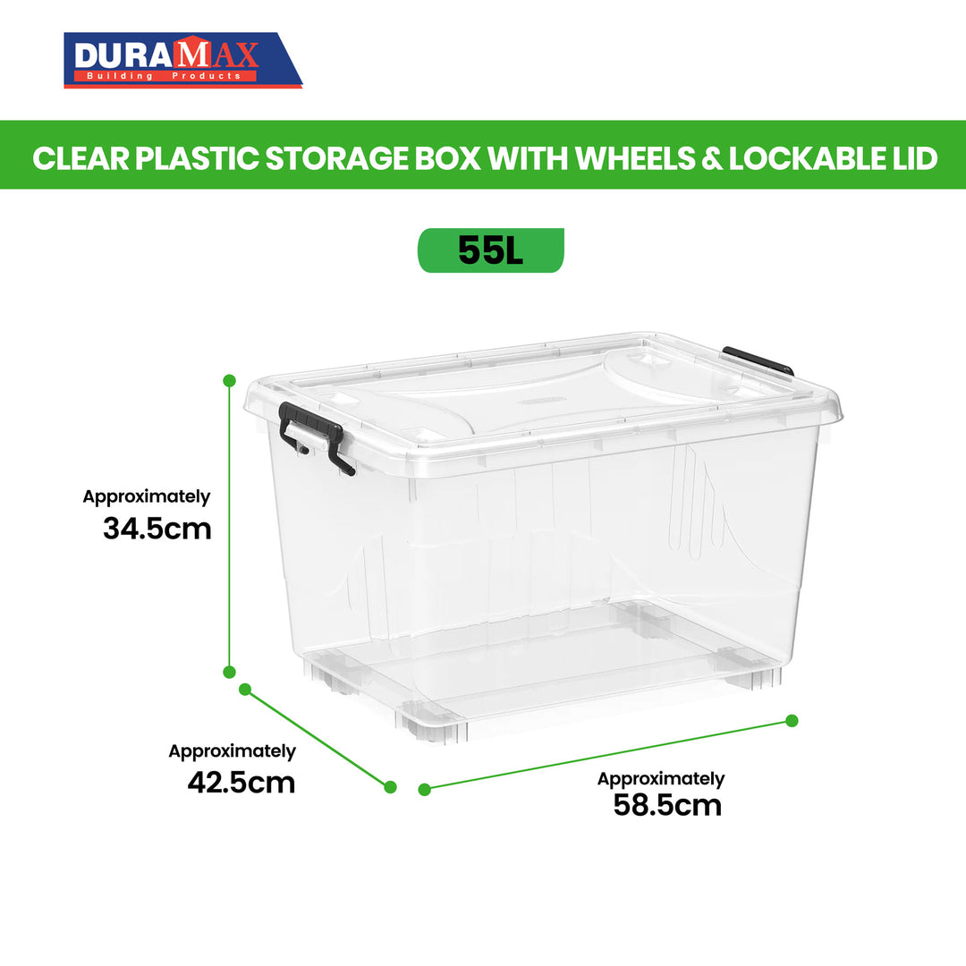 Plastic Storage Box with Wheels & Lockable Lid 55L (Transparent
