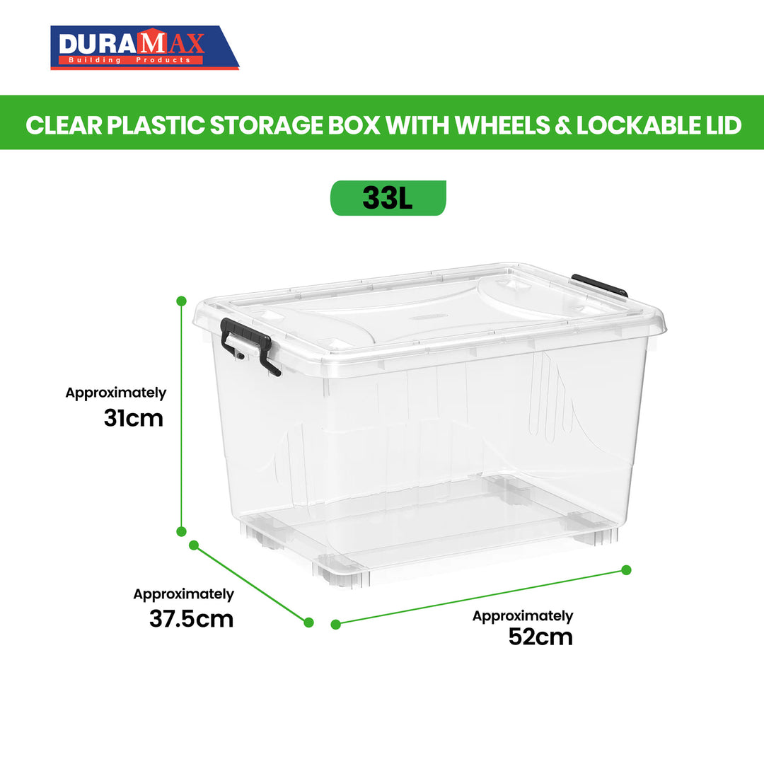 Plastic Storage Box with Wheels & Lockable Lid 33L (Transparent