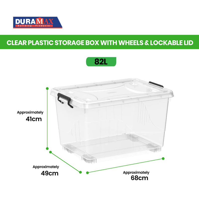 Plastic Storage Box with Wheels & Lockable Lid 82L (Transparent)