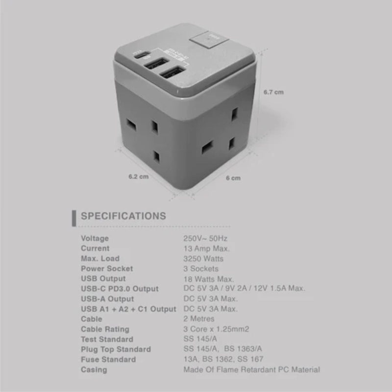 3 Way Power Cube With USB A+C 2 Metres (Dark Grey)