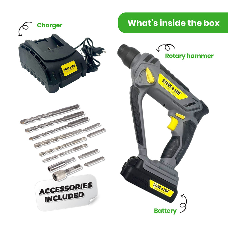 Steve & Leif Rotary Hammer Drill – 2in1 Drill & Hammer Function, Variable Speed,Includes Accessories Kit
