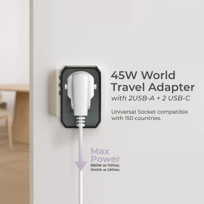 Travel Adaptor with Dual USB A+C 45W Quick Charger