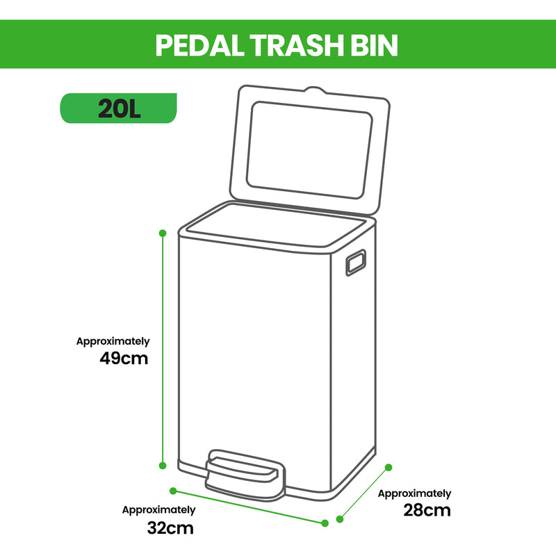 Pedal Trash Bin / Waste Bin / Dustbin with 2 Inner Bins 20L (Stainless Steel)