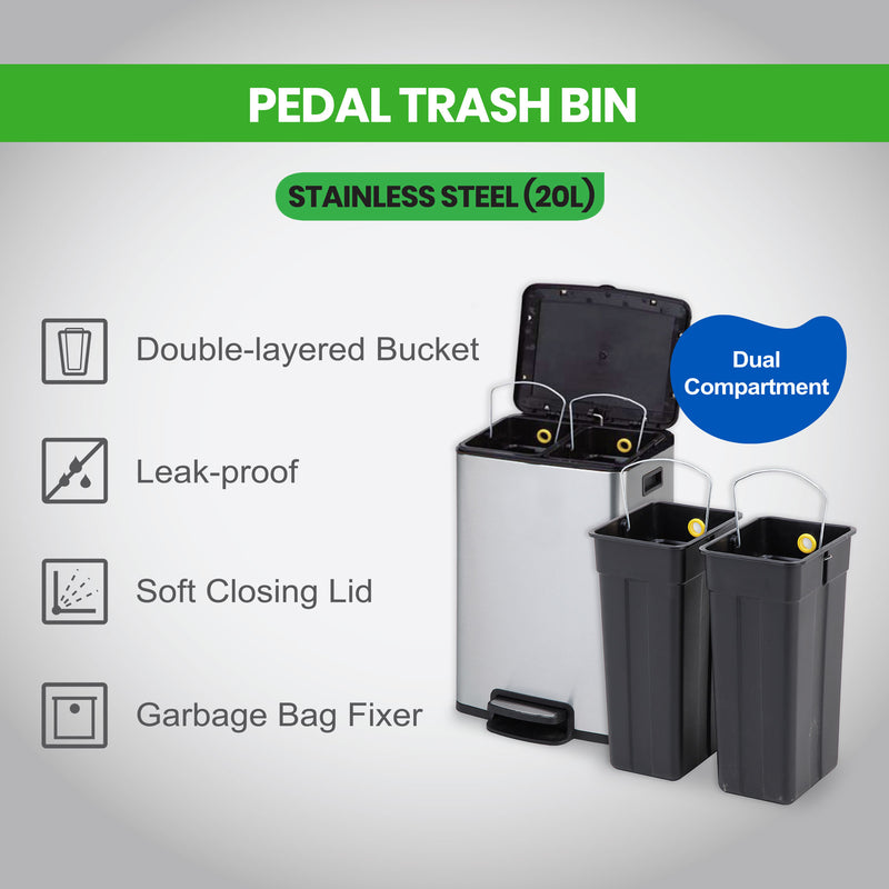 Pedal Trash Bin / Waste Bin / Dustbin with 2 Inner Bins 20L (Stainless Steel)