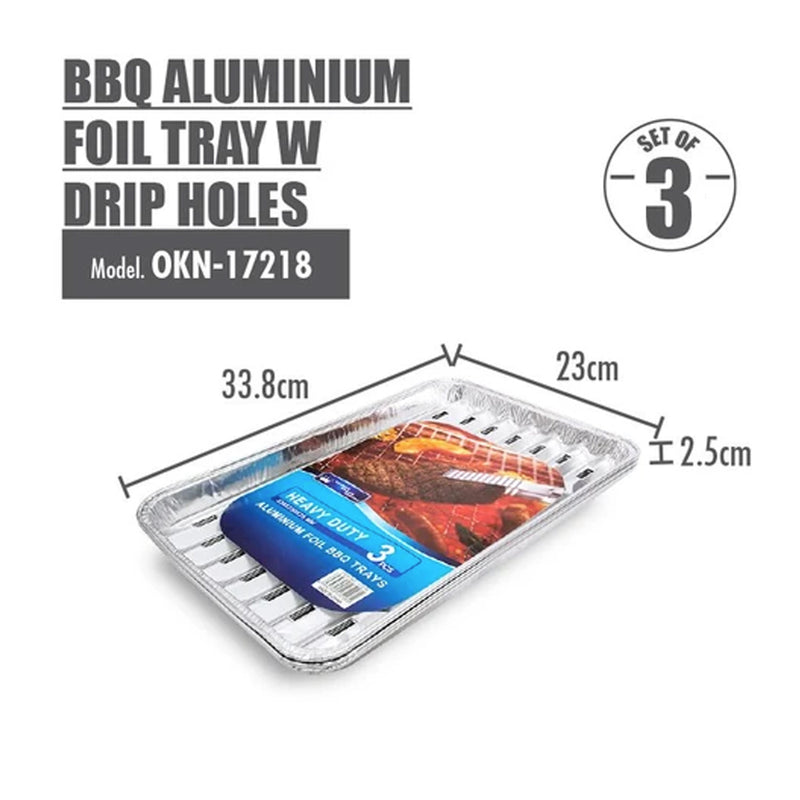 BBQ Aluminium Foil Tray with Drip Holes (Sets of 3) - 338x230x25mm